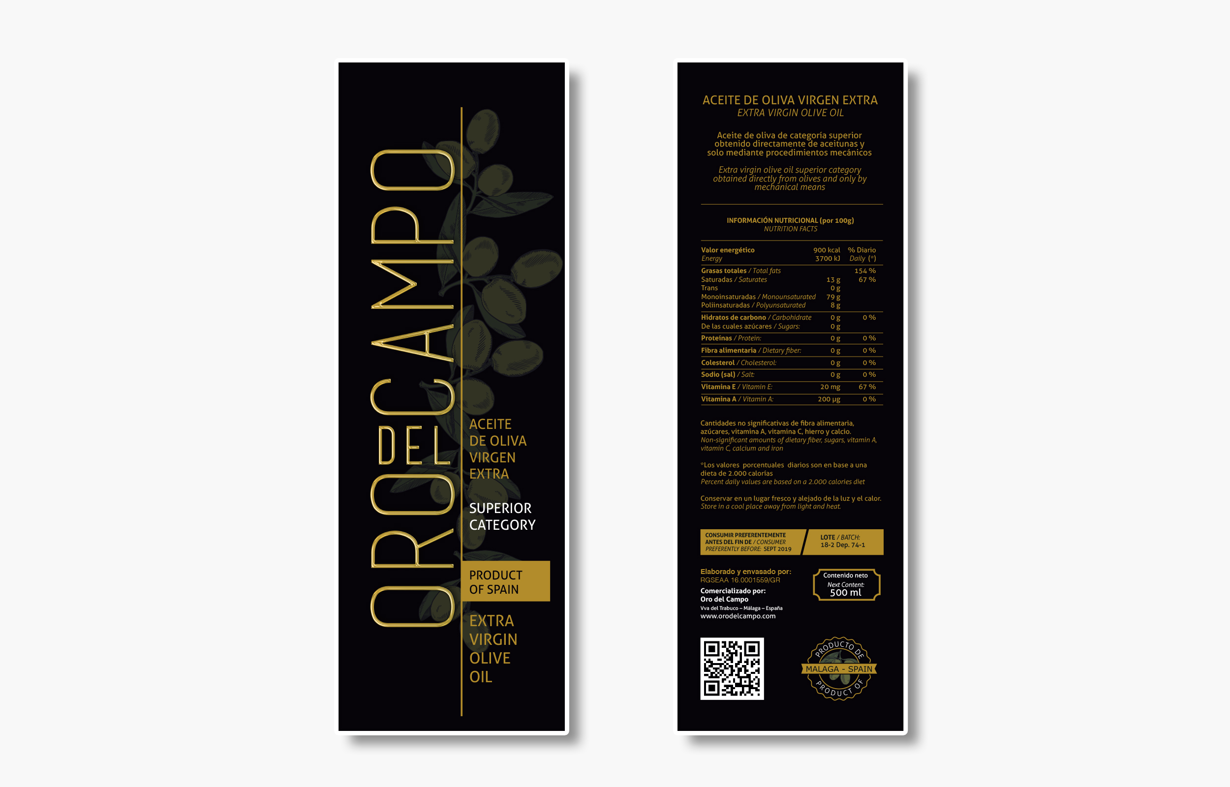 Diseño de etiqueta -packaging para acetite de oliva Oro del Campo
